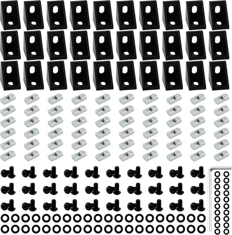 PETOX 30 Set Black 1"x1" 1010 Series Aluminum Extrusion Profile Connector,30pcs Corner Bracket with 60pcs M6 T-Slot Sliding Nuts for 10 Series Aluminum Rail Accessories - Image 1